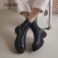 JOSINY 卓诗尼 切尔西靴女2023冬季新款厚底粗跟黑色烟筒靴高级感小众短靴