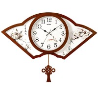 Hense 汉时 创意扇形中式挂钟中国风挂表客厅木质装饰摆钟时钟家用石英钟表HP05富贵花开大号