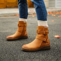暇步士 冬季新款复古擦色西部靴女皮带扣保暖时装短靴D3E03DZ2