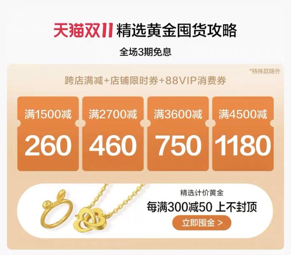 双11黄金228元抢! 仅限前4小时, 周生生爆款黄金叠券满4500减1180元 