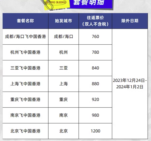 超多航线！香港航空双人往返中国香港次卡 不含税费