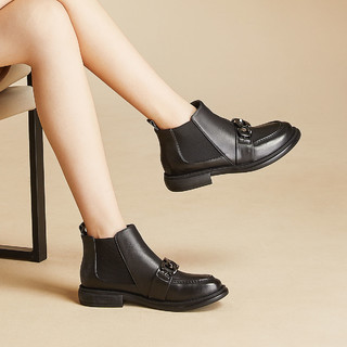 【牛皮】冬季女靴金属扣圆头低跟英伦风切尔西靴短筒靴子