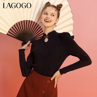La·go·go 拉谷谷 Lagogo2021新款旗袍领花型纽扣泡泡袖针织衫女KCMM43XC38