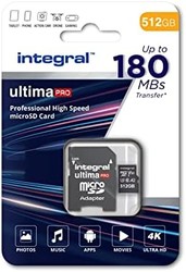 Integral 512GB Micro SD 卡，4K 视频读取速度 180MB/s 和写入速度 150MB/s MicroSDXC A2 C10 U3 UHS-I 180-V30，高速 Micro SD 存储卡