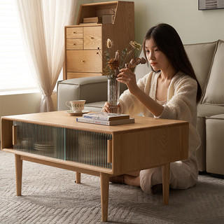 原始原素实木茶几客厅小户型日式原木现代简约玻璃0.9米茶几+1.2电视柜