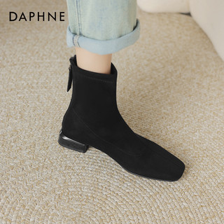 DAPHNE 达芙妮 磨砂短靴女瘦瘦靴冬季方头绒面弹力靴低跟马丁靴
