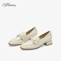 73hours女鞋乖乖女一脚蹬方头羊皮粗跟乐福鞋单鞋女