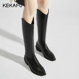 KEKAFU 珂卡芙 长筒靴女冬粗跟高跟直筒V口高筒骑士靴单靴长靴