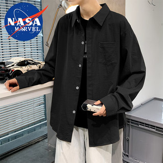 NASA MARVEL 长袖衬衫男春秋季衬衣潮牌休闲百搭宽松时尚抗皱打底衫 黑色 XL