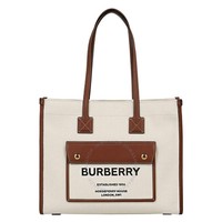 BURBERRY 博柏利 Freya 双色帆布皮革小号托特包 本色/棕色