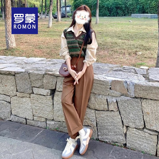 罗蒙（ROMON）休闲套装女春季复古港风小香风叠穿马甲衬衫阔腿裤装套装秋季女装 单马甲 S