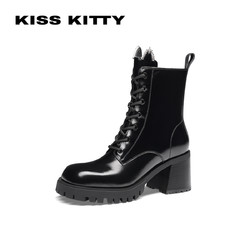 Kiss Kitty KISSKITTY2023秋冬新款骑士靴高跟厚底短靴靴子黑色老钱风瘦瘦靴