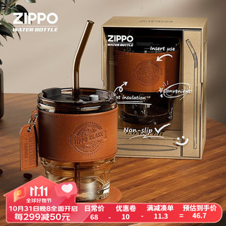 ZIPPO 之宝 美国玻璃水杯男带吸管杯子便携咖啡杯美式复古耐热泡茶杯 茶色