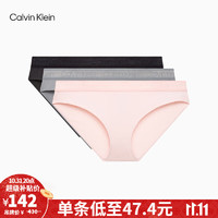 卡尔文·克莱恩 Calvin Klein 内衣女士休闲三条装顺色提花腰边透气比基尼三角内裤QP2451O HTV-黑色/灰色/粉色 S