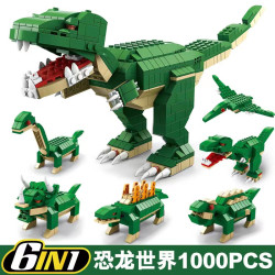 拼装玩具儿童小颗粒迷你街区消防队拼插模型男孩生日礼物6合1霸王龙