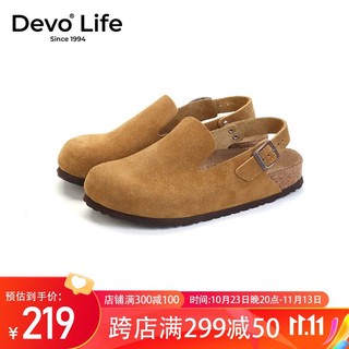 Devo 的沃 Life的沃软木鞋包头休闲搭扣复古时尚半包日系女单鞋56116 黄棕反绒皮 37