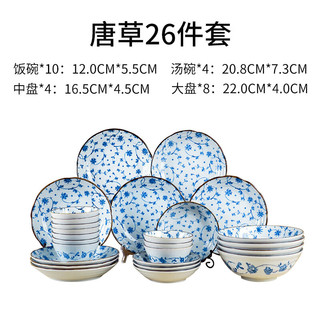 美浓烧 Mino Yaki）日本简约青花碗盘碟套装家用组合餐具套装家庭瓷器 26件套