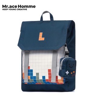 Mr.ace Homme 双肩包女韩版百搭学生书包大容量电脑包旅行背包男 白拼黛蓝色