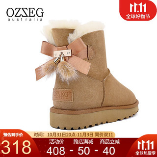 OZZEG 澳洲雪地靴女冬季羊皮毛一体短筒女靴厚底防滑加绒保暖棉鞋蝴蝶结 栗色 37