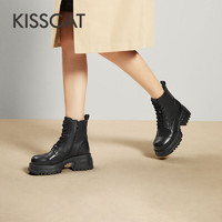 KISSCAT 接吻猫 女鞋2023秋冬季新款休闲短靴圆头粗跟马丁靴女KA43588-50 黑色 37
