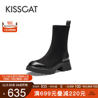 KISSCAT 接吻猫 2023年秋冬季新款复古中筒弹力靴圆头增高袜靴女KA43548-50 黑色 37