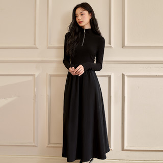 WESTLINK 西遇 赫本风长袖针织连衣裙女2023年冬季新款设计感拼接小黑裙长裙