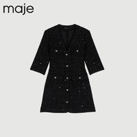 maje Outlet女装法式五分袖收腰粗花呢黑色连衣裙短裙MFPRO02819