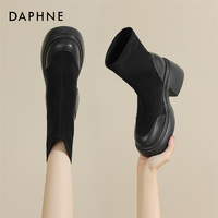 DAPHNE 达芙妮 2023秋季新款小众黑色弹力袜靴女短靴松糕厚底粗跟瘦瘦靴潮