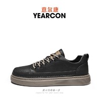 YEARCON 意尔康 男鞋英伦风低帮板鞋男秋季新款韩版皮面软底黑色休闲小皮鞋