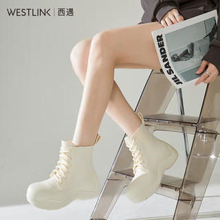 WESTLINK 西遇 厚底雨靴女冬果冻靴短筒系带增高防水防滑雨鞋 米白色 S
