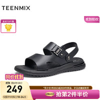 TEENMIX 天美意 真皮凉鞋男鞋2023夏新款商场同款百搭爸爸鞋徒步舒适 黑色 39