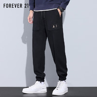 PLUS会员：FOREVER 21 裤子男秋季韩版休闲裤男士卫长裤百搭刺绣小脚男裤 黑色 5XL码