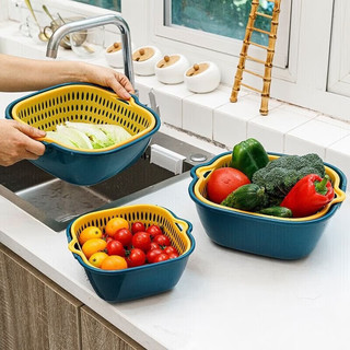 摩范沥水篮双层家用沥水多功能水果蔬菜洗菜篮厨房储物篮 蓝黄 方形沥水篮中号