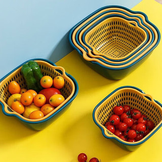 摩范沥水篮双层家用沥水多功能水果蔬菜洗菜篮厨房储物篮 蓝黄 方形沥水篮中号