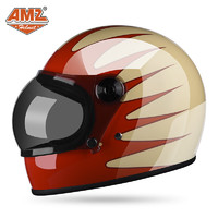 AMZ 摩托车头盔复古机车全盔男女3C认证冬季保暖安全帽电动车四季通用 火焰红 M