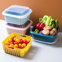 透明盖子双层沥水篮洗菜篮子水果盘大号洗菜蔬菜筐带盖蔬菜水果收纳保鲜盒 绿色
