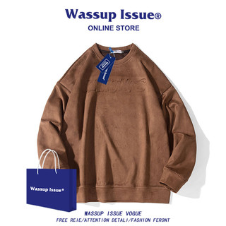 WASSUP ISSUE重磅麂皮绒卫衣男士春秋季潮牌大码美式圆领上衣男款