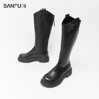 SANFU 三福 长靴女2023冬季新款韩系简约复古骑士靴增高厚底高筒靴825310