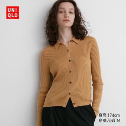 uniqlo优衣库女装精纺美利奴羊毛罗纹polo领针织衫长袖开衫461034