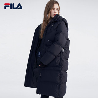 FILA Emerald斐乐女士长款羽绒服2023冬时尚休闲舒适连帽外套 正黑色-BK 175/92A/XL