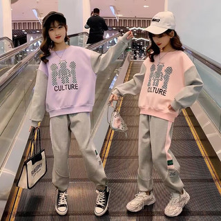 PAPIBEAR 啪吡熊 女童套装2023儿童洋气时髦韩版休闲女孩春秋季运动卫衣两件套 紫色 120