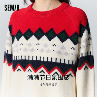 森马（Semir）森马毛衣女插肩袖oversize冬2023提花毛衫复古小众 白红色调00316 155/80A/S