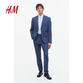 H&M男装衬衫纯色修身商务职业正装长袖上衣0976709 浅蓝色/格纹 180/116A