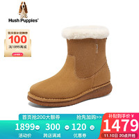 暇步士（Hush Puppies）雪地靴女高帮英伦风时尚加绒短靴51F42DZ3 驼色 35