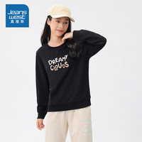 真维斯女装260G棉混卫衣秋季布圆领印花长袖T恤JW 黑色8010 160/84A/M