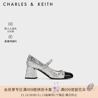CHARLES&KEITH23冬季CK1-60361486时尚拼接亮片粗跟玛丽珍女 Silver银色 34