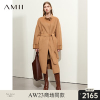 AMII 2023冬立领绵羊毛桑蚕丝配腰带双面呢外套女开叉毛呢大衣 驼色 155/80A/S