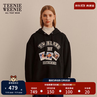 Teenie Weenie小熊加绒卫衣女20时髦落肩连帽套头卫衣休闲时尚女 黑色 160/S