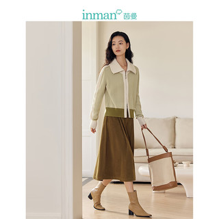 茵曼（INMAN）【100%纯羊毛】撞色毛衣冬季女装长袖针织衫 浅绿色 M