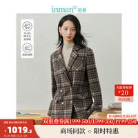 茵曼（INMAN）复古格纹双面呢外套女装宽松厚上衣 深咖格 M